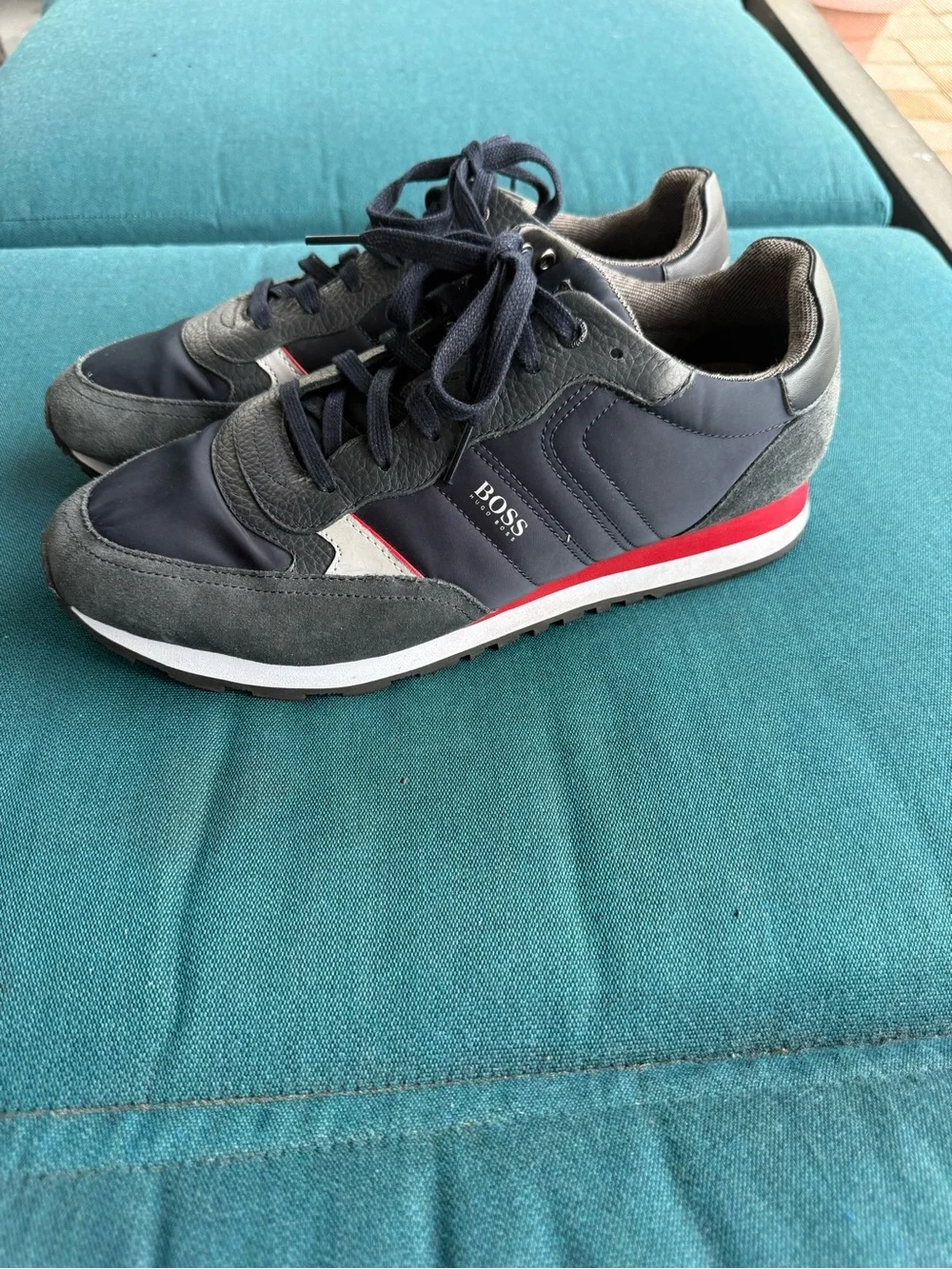 Boss Men's Navy and Gray Low-Top Sneaker with Red Accent